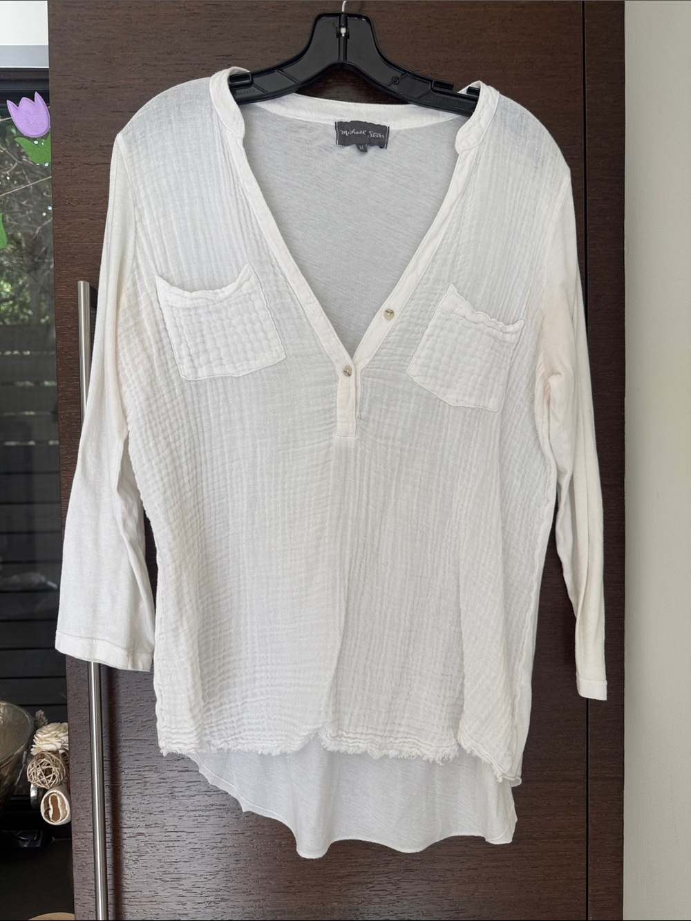 Michael Stars White Gauze Henley Tunic with Chest Pockets